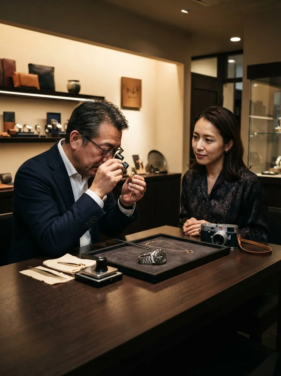 買取カウンターで宝飾品を確認しながら査定する男性スタッフ