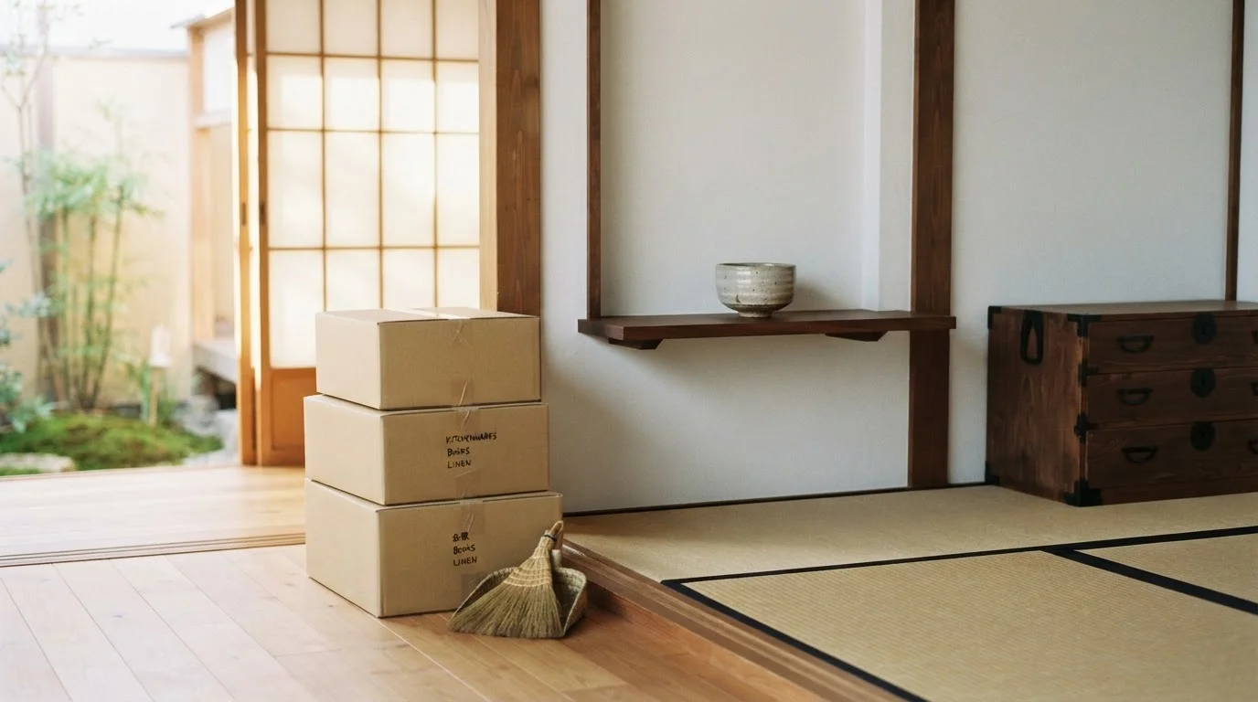 段ボール箱と箒が置かれた、整理中の和室。床の間には茶碗と和箪笥が見える